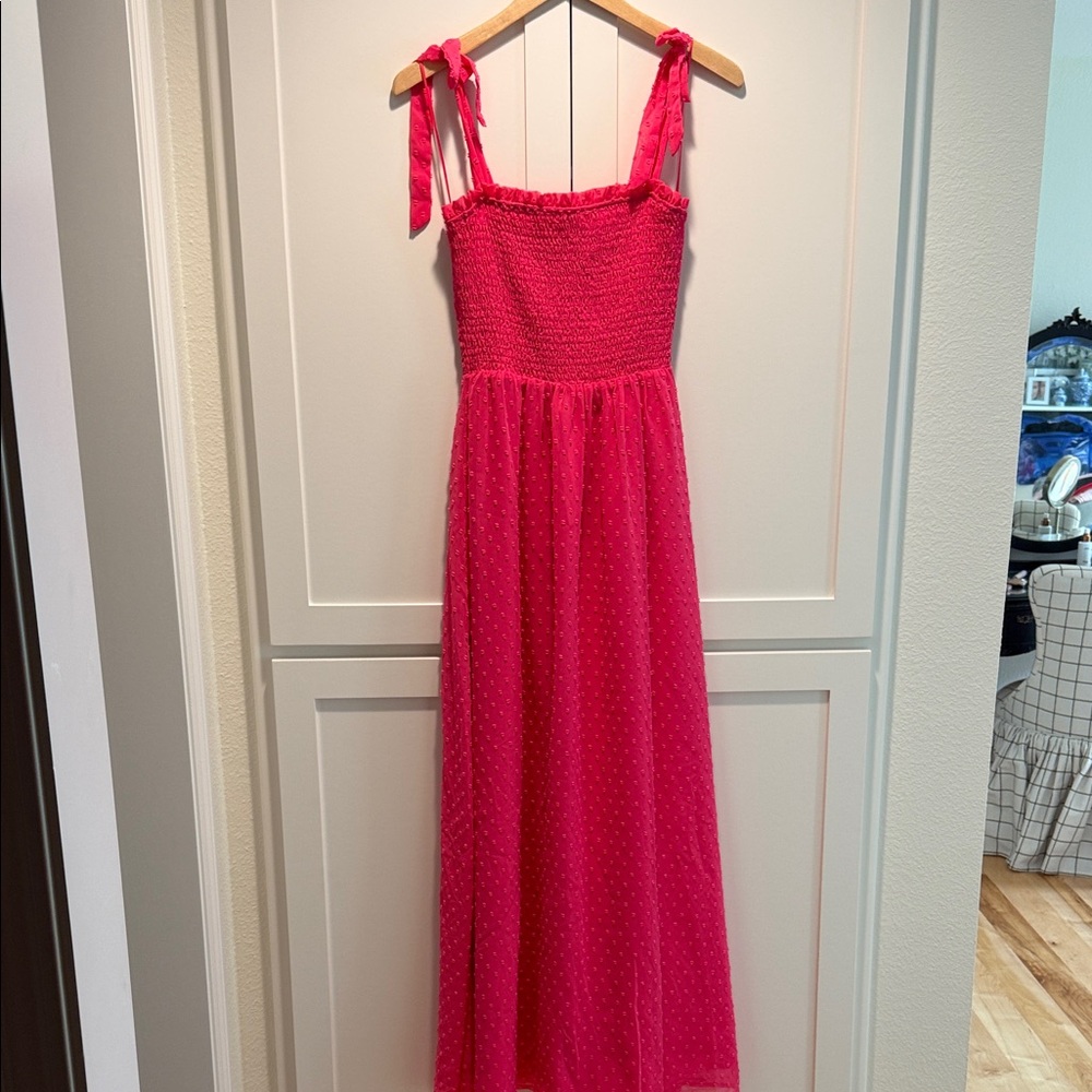 Tie-Shoulder Smocked Maxi Dress - Hot Pink
